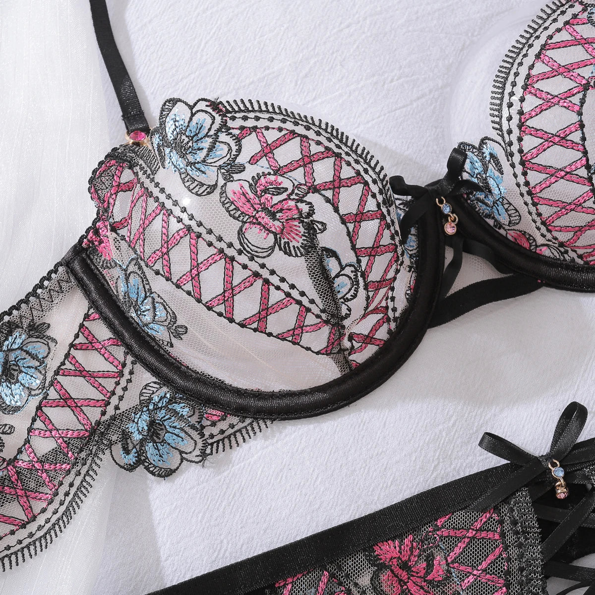 Petal Tease Embroidered Lingerie & Stockings Set (by Ellolace)