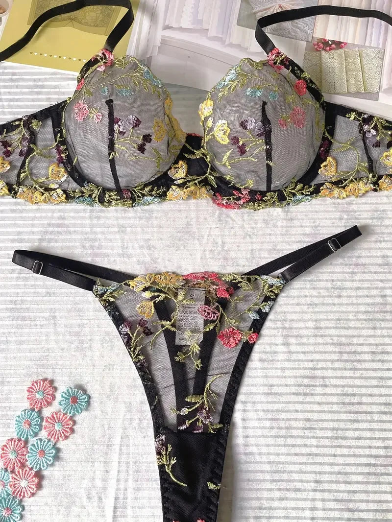 Boho Bloom Sheer Embroidered Lingerie Set (by Yimunancy)