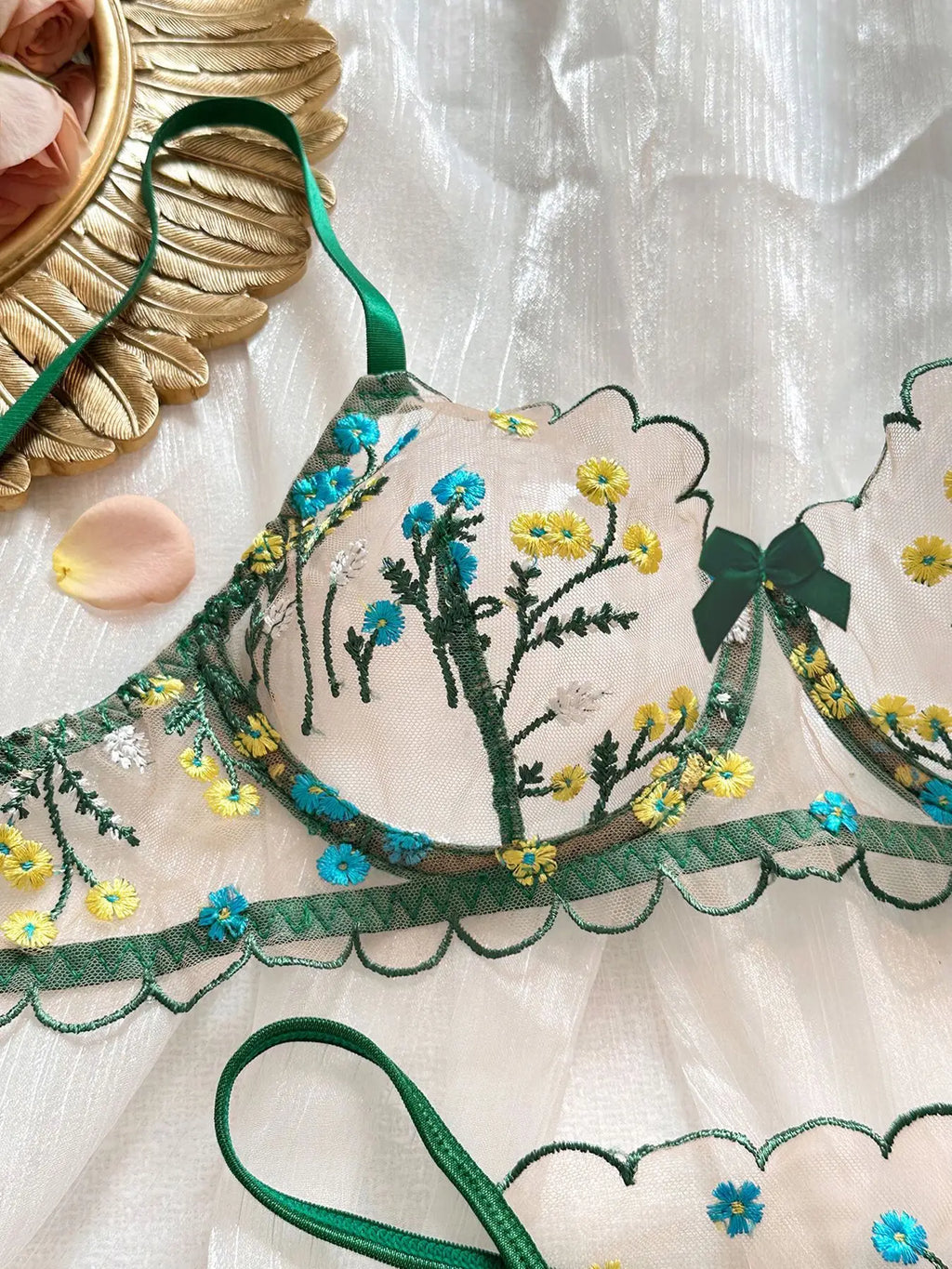 Boho Blossom Sheer Embroidered Lingerie Set (by Yimunancy)