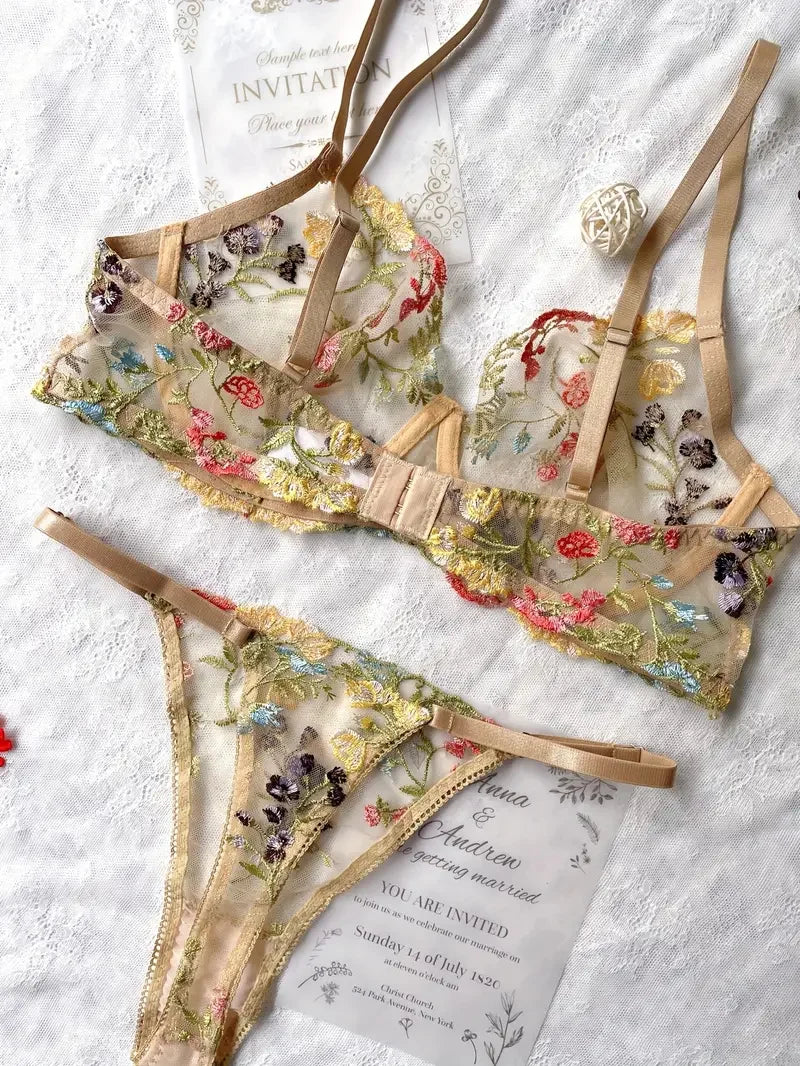Boho Bloom Sheer Embroidered Lingerie Set (by Yimunancy)