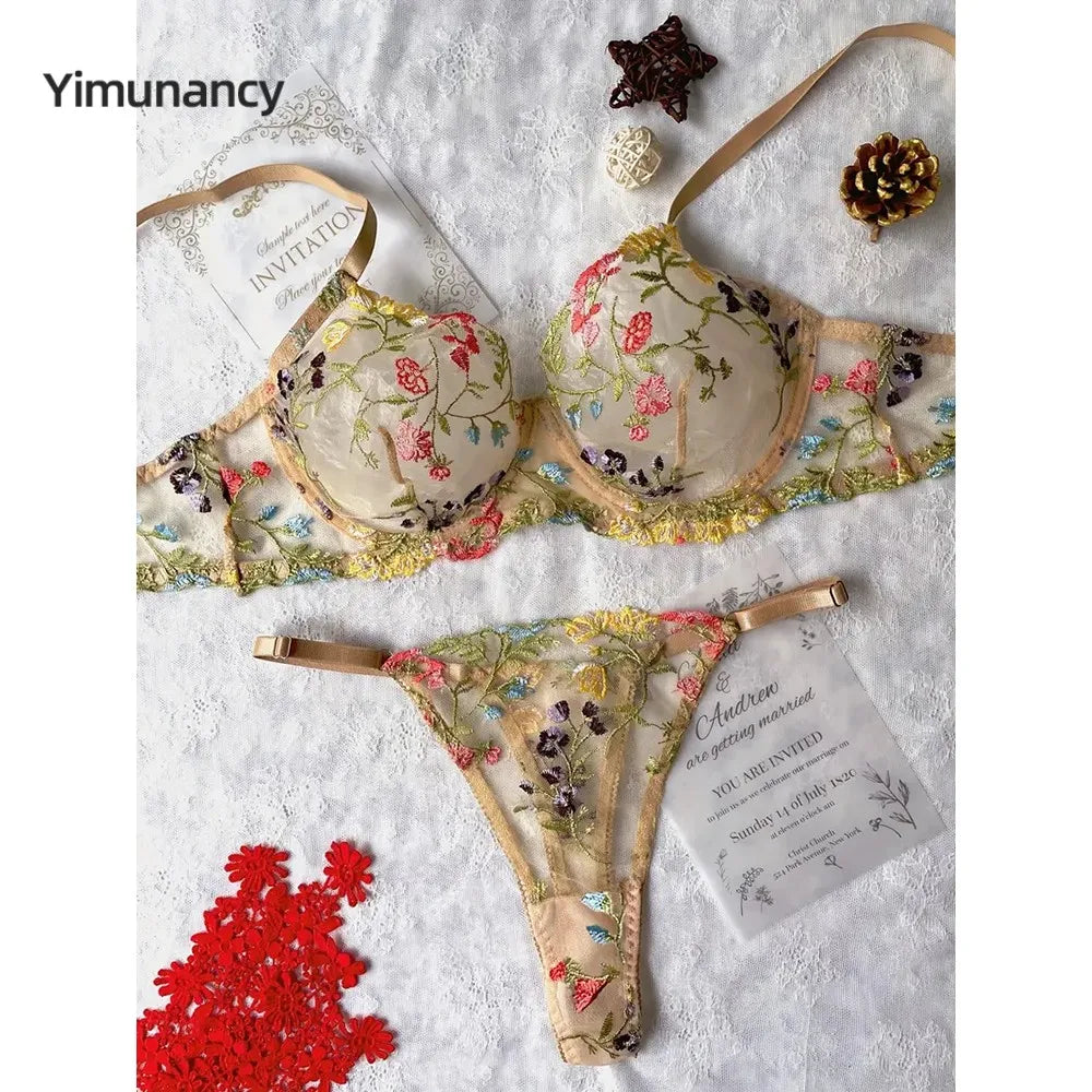 Boho Bloom Sheer Embroidered Lingerie Set (by Yimunancy)
