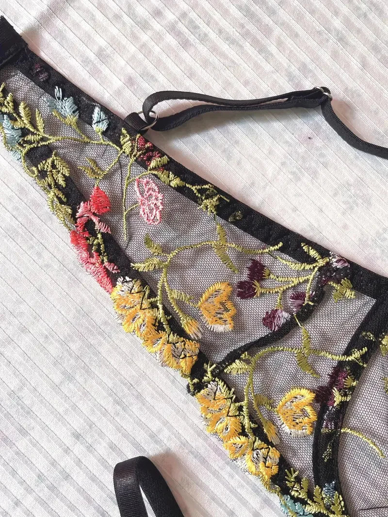 Boho Bloom Sheer Embroidered Lingerie Set (by Yimunancy)