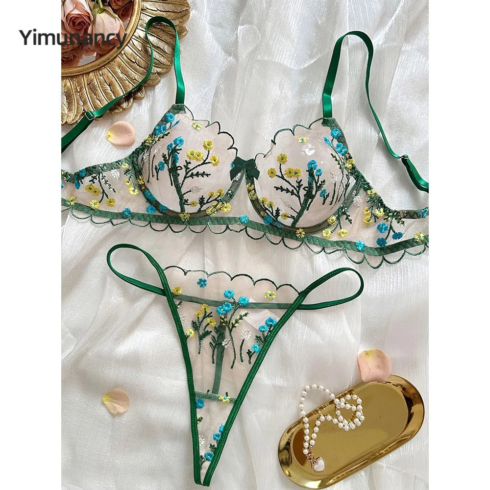 Boho Blossom Sheer Embroidered Lingerie Set (by Yimunancy)