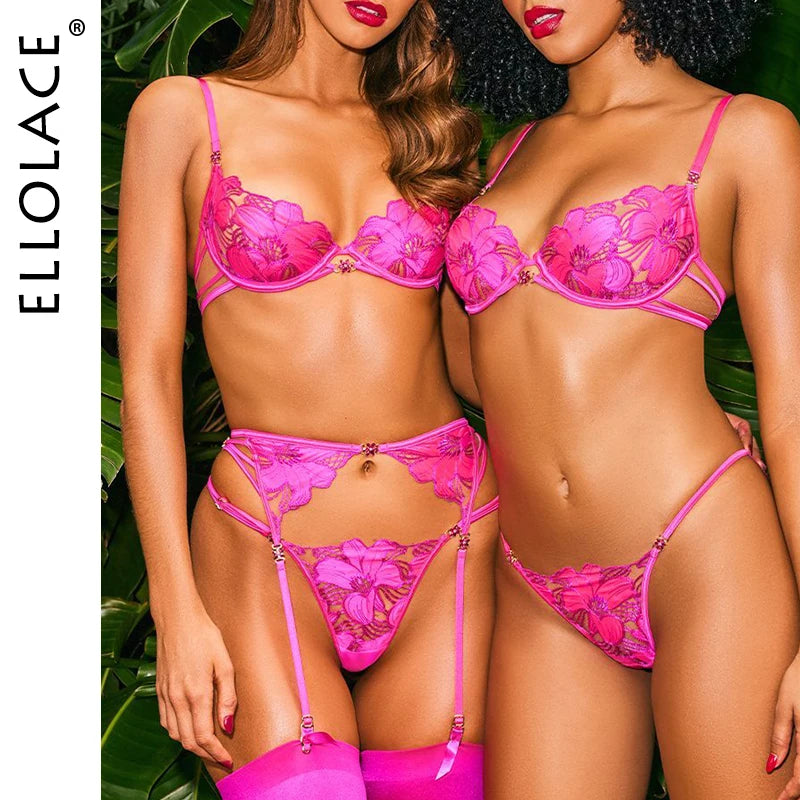 Electric Pink Bloom Embroidered Lingerie Set (by Ellolace)