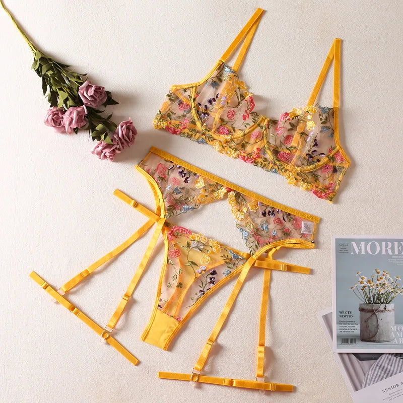 Sunset Bloom 3-Piece Floral Lace Lingerie Set (by Yimunancy)