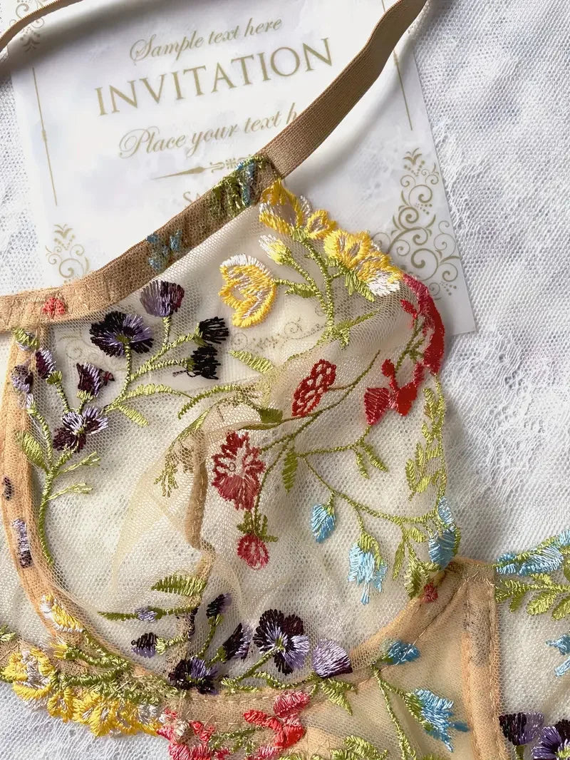Boho Bloom Sheer Embroidered Lingerie Set (by Yimunancy)