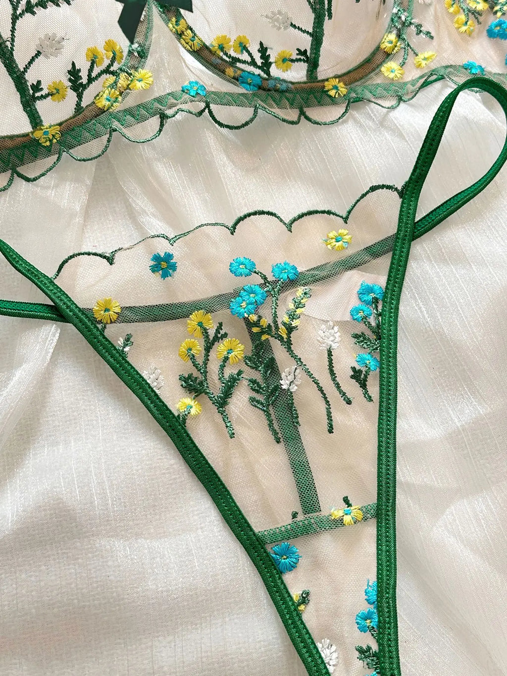 Boho Blossom Sheer Embroidered Lingerie Set (by Yimunancy)