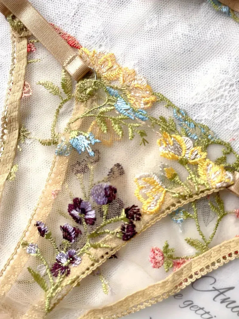 Boho Bloom Sheer Embroidered Lingerie Set (by Yimunancy)