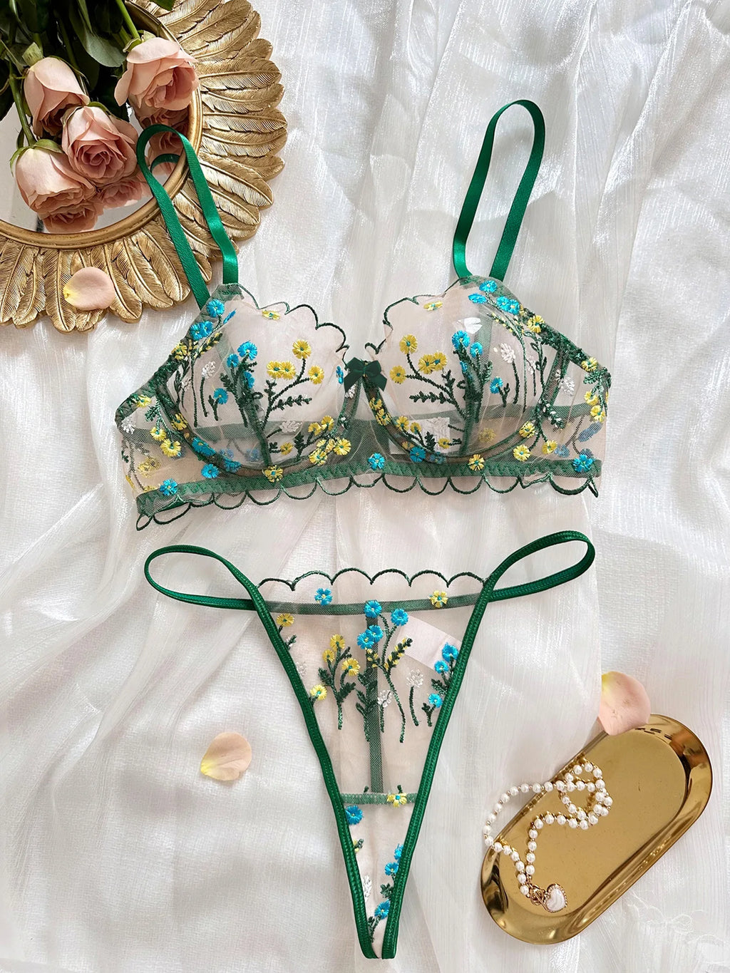 Boho Blossom Sheer Embroidered Lingerie Set (by Yimunancy)