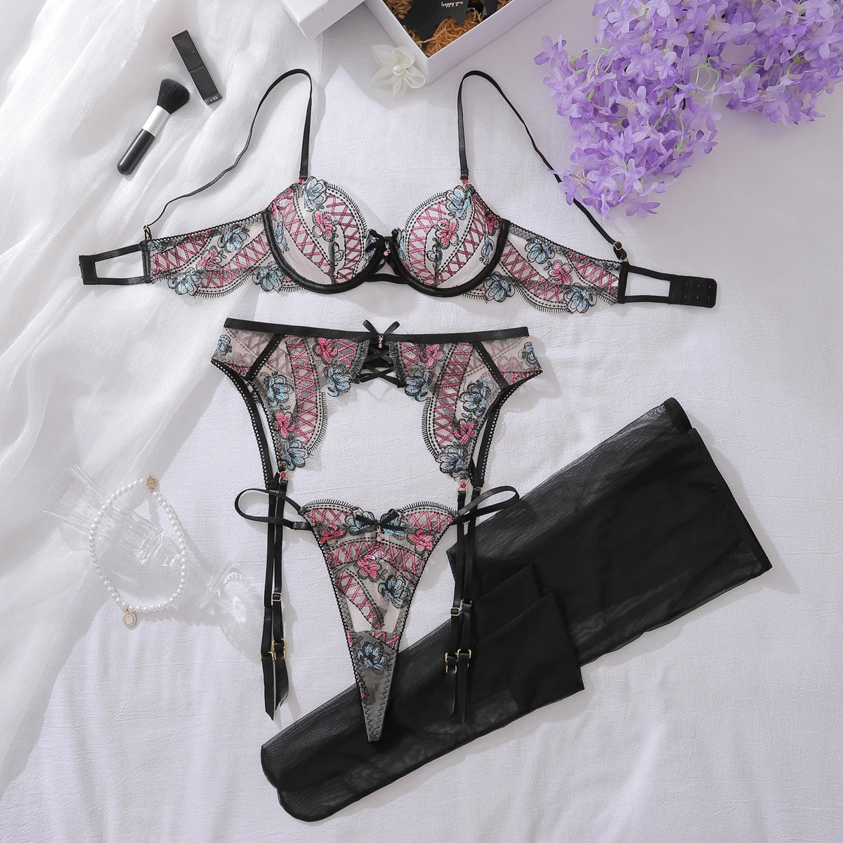 Petal Tease Embroidered Lingerie & Stockings Set (by Ellolace)