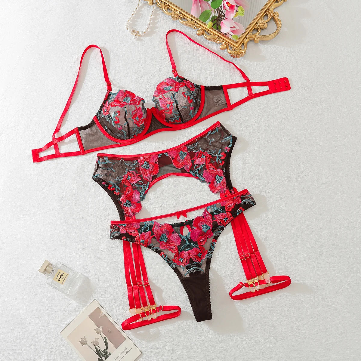 Midnight Chains 4-Piece Embroidered Lingerie Set