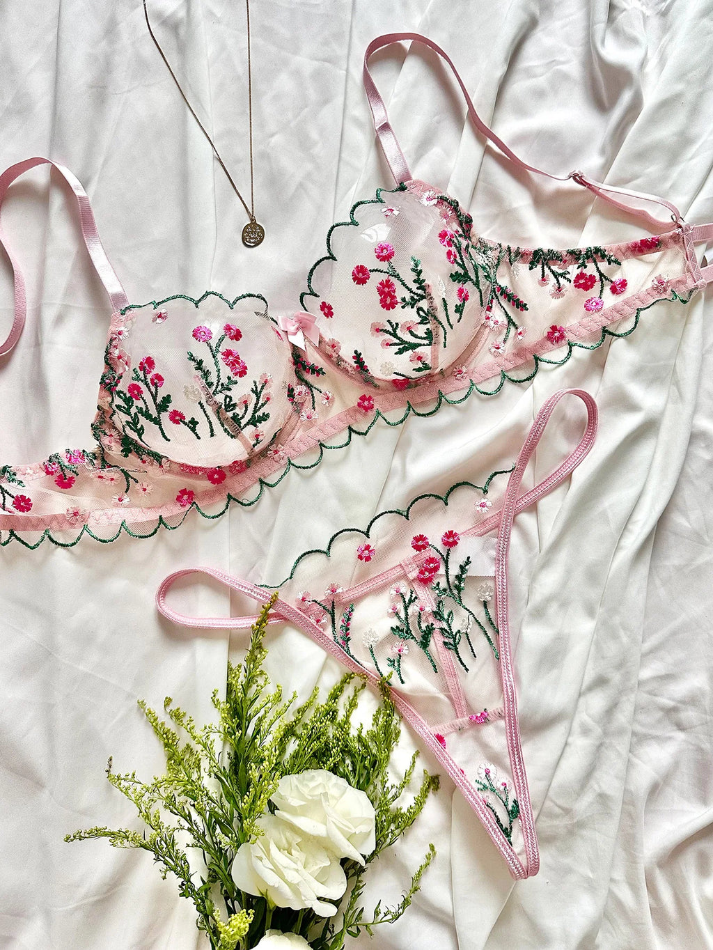 Boho Blossom Sheer Embroidered Lingerie Set (by Yimunancy)