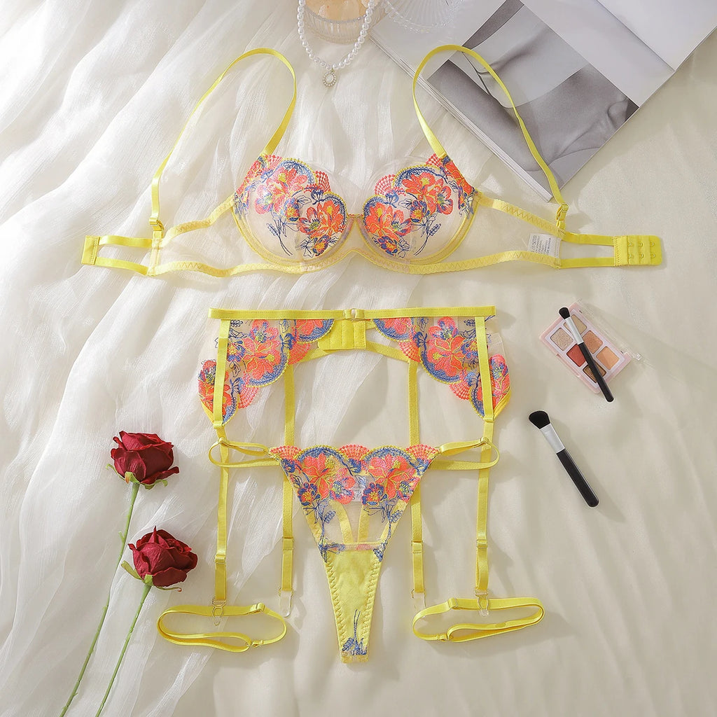 Floral Temptation 3-Piece Lingerie Set (by Ellolace)