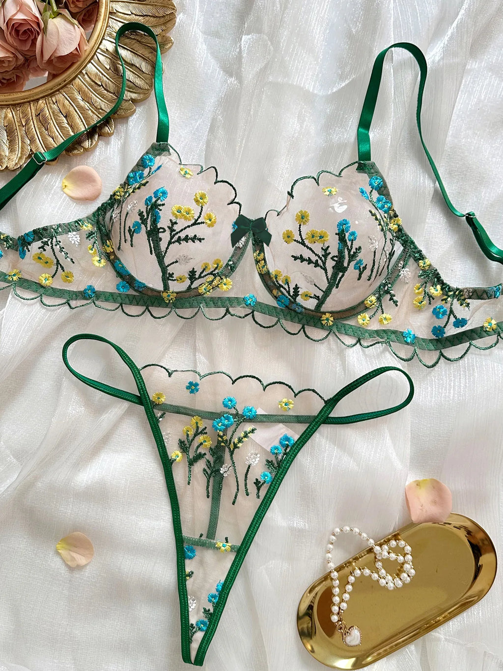 Boho Blossom Sheer Embroidered Lingerie Set (by Yimunancy)