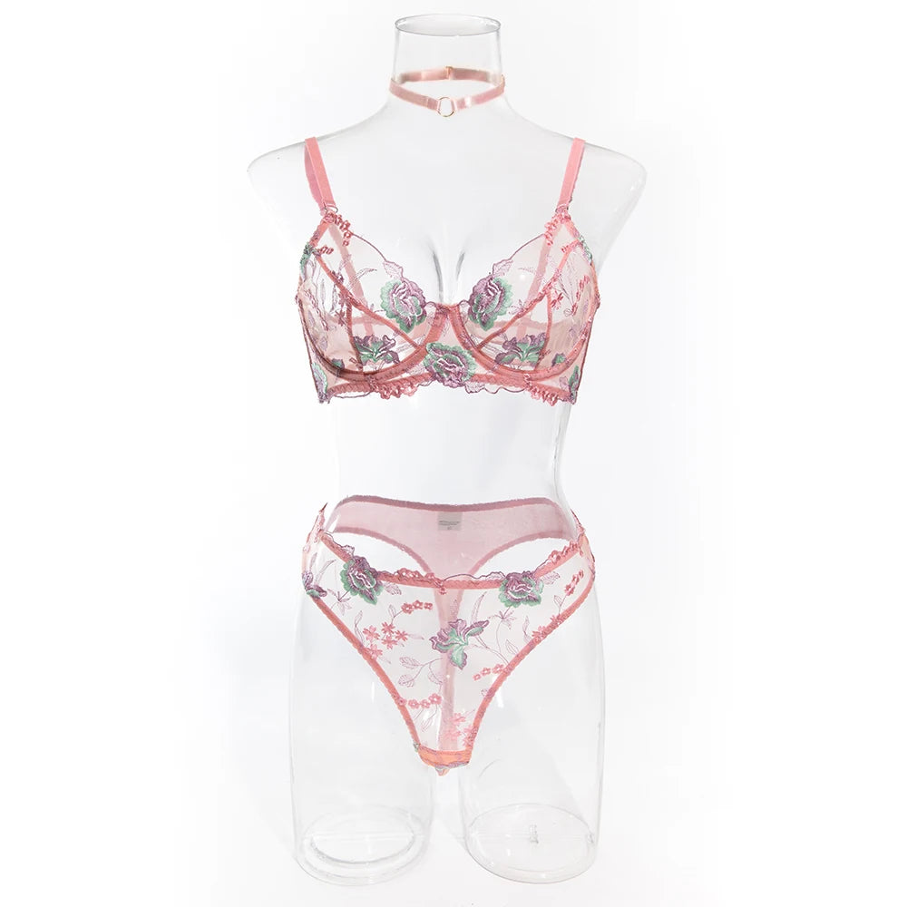 Wildflower Kiss 3-Piece Embroidered Lingerie Set (by Yimunancy)