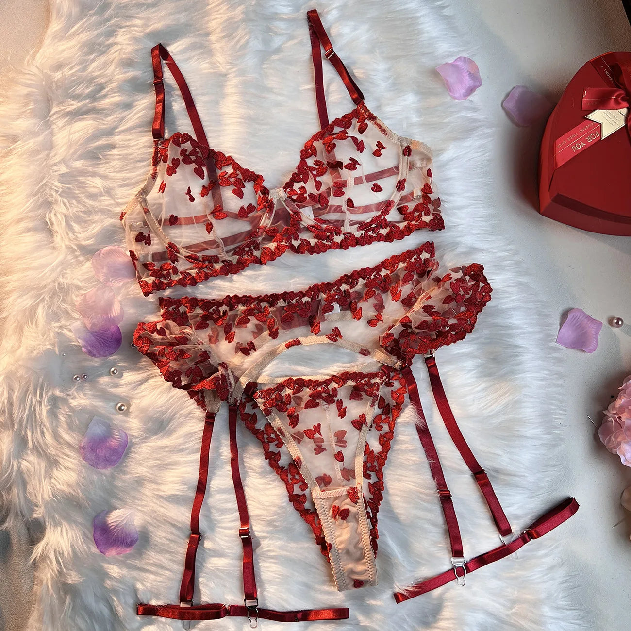 Sweetheart Ruffle 4-Piece Embroidered Lingerie Set (by Yimunancy)