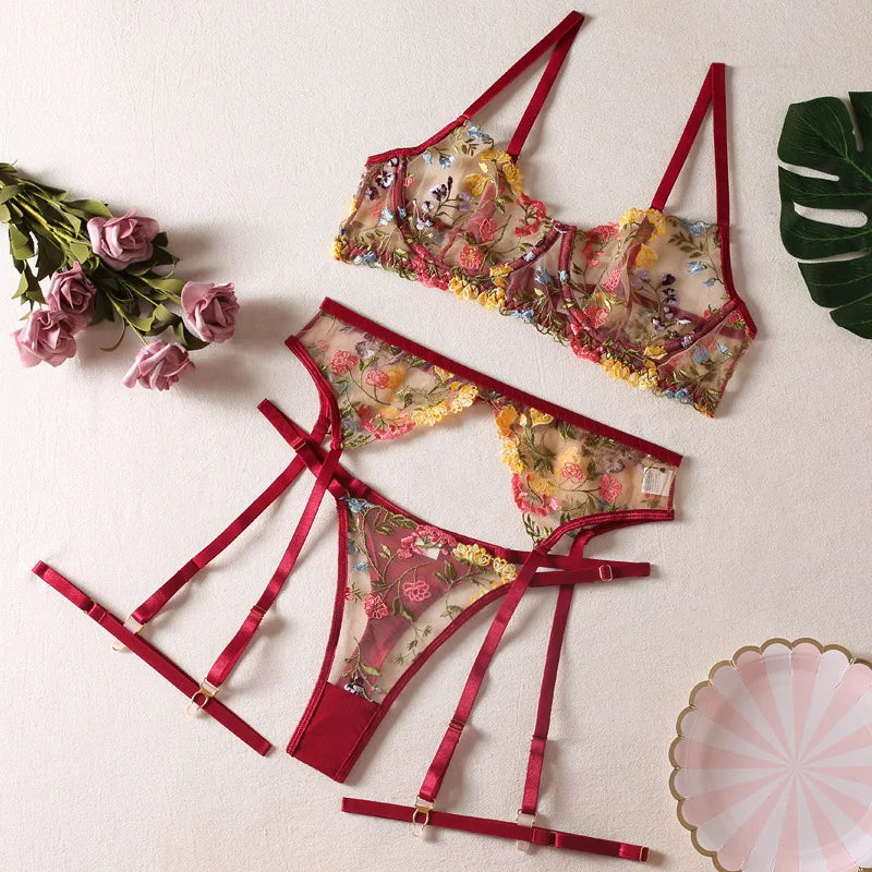 Sunset Bloom 3-Piece Floral Lace Lingerie Set (by Yimunancy)