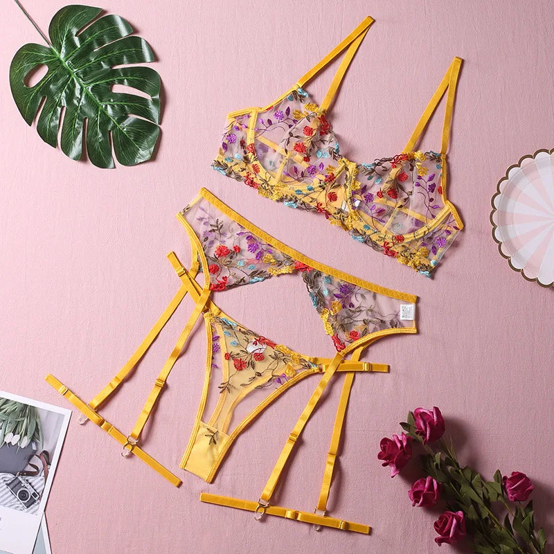 Sunset Bloom 3-Piece Floral Lace Lingerie Set (by Yimunancy)