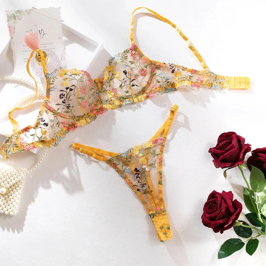 Boho Bloom Sheer Embroidered Lingerie Set (by Yimunancy)